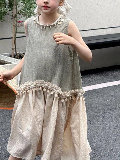 Dulce vestido para niñas verano 2025 nueva moda para niños temperamento Color contrastante vestido bohemio tendencia