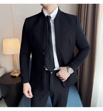 Chaqueta de traje con cuello levantado de alta calidad para hombre, chaquetas de negocios informales, abrigo coreano con gofres para boda, novio, banquete, vestido de fiesta, 2025