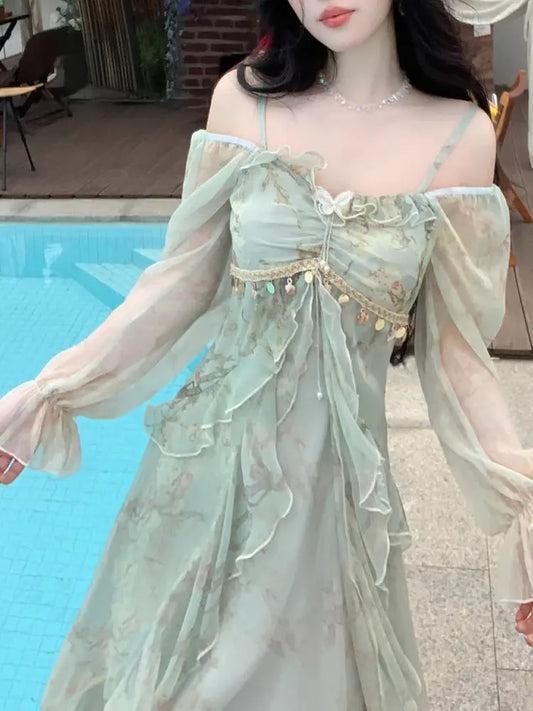 Vestido Largo de Chifón para Mujer, Tirantes, Dobladillo de Encaje, Estilo Bohemio, Ideal para Playa, Vacaciones, Primavera, Verano y Eventos Especiales