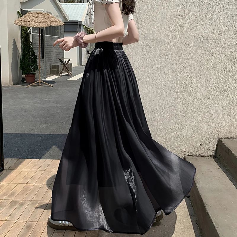 Falda Larga Elegante de Verano para Mujer, Cintura Alta, Línea A, para Vacaciones en la Playa, con Volantes, Estilo Preppy, Dulce, Holgada, Informal y Sencilla