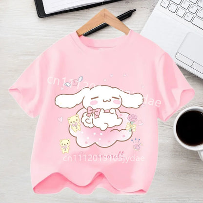 Camiseta de Manga Corta para Niños, Estilo Urbano, Verano 2026, Ropa Casual, Regalo Kawaii, Linda Camiseta de Cinnamoroll para Niña, Camiseta de Algodón con Estampado de Anime