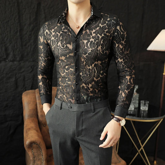 Camisa de encaje Sexy para hombre, camisa de manga larga, ajustada, informal, de alta calidad, para fiesta Social, esmoquin, club nocturno, 2023