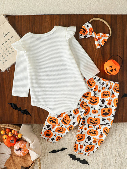 Pelele con letras estampadas de manga larga para otoño/otoño y trajes de Halloween, pantalón de calabaza para conjuntos de 0 a 1 año + diadema, 2 uds.