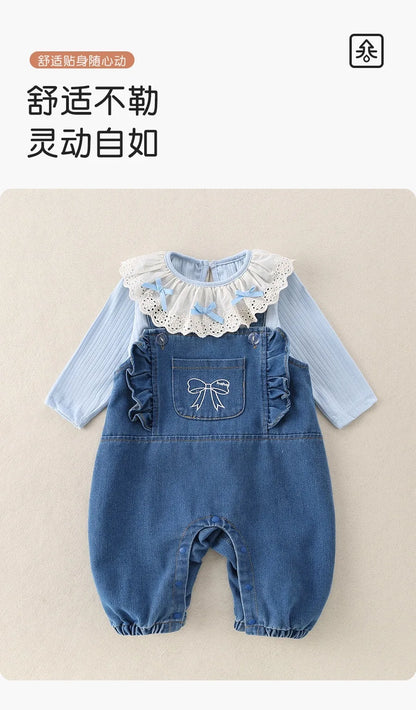 Conjunto de 2 piezas de lujo coreano para niña, conjunto de camiseta y camiseta a la moda con cuello de encaje, pelele elegante de Estilo Princesa, traje de otoño