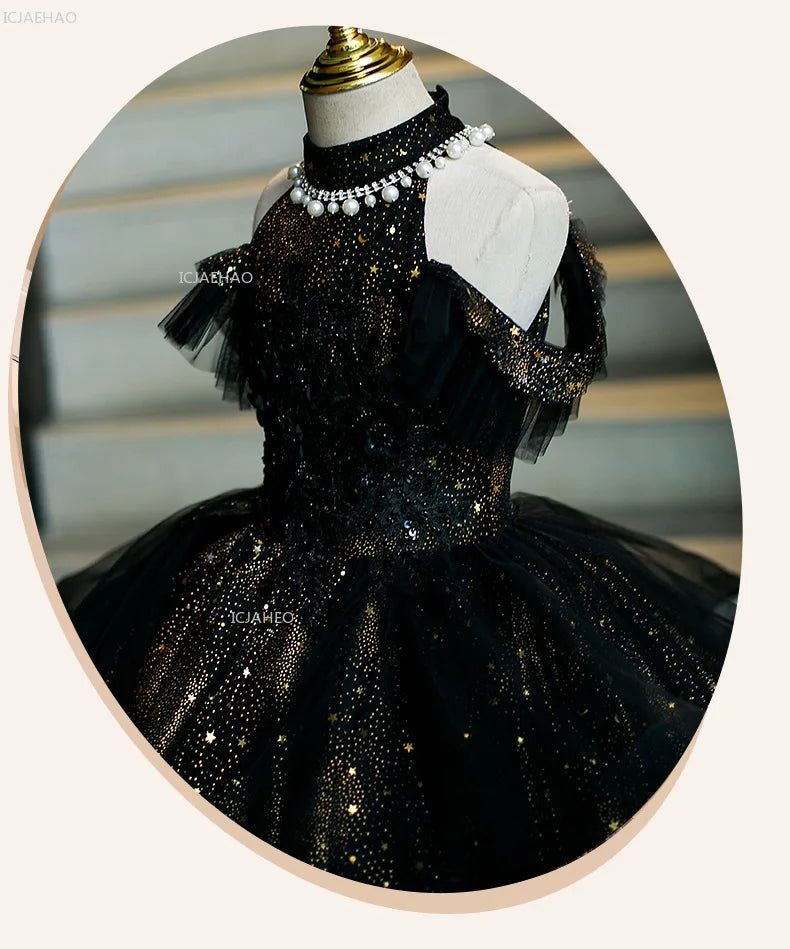 Vestido de fiesta de cumpleaños negro para niñas, vestido de princesa de tul hinchado para actuaciones de Piano, vestidos de desfile de desfile de moda