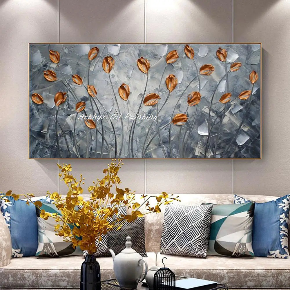 Arthyx, pintura al óleo de flores doradas pintada a mano con espátula sobre lienzo, cuadro artístico abstracto para decoración del hogar, sala de estar y dormitorio