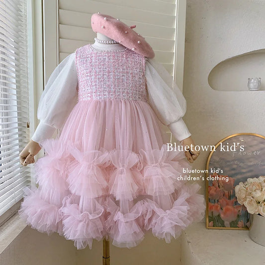 Conjunto de vestido de otoño para niña, vestido de chaleco de hada esponjoso de princesa dulce para niña hermosa, conjunto de dos piezas