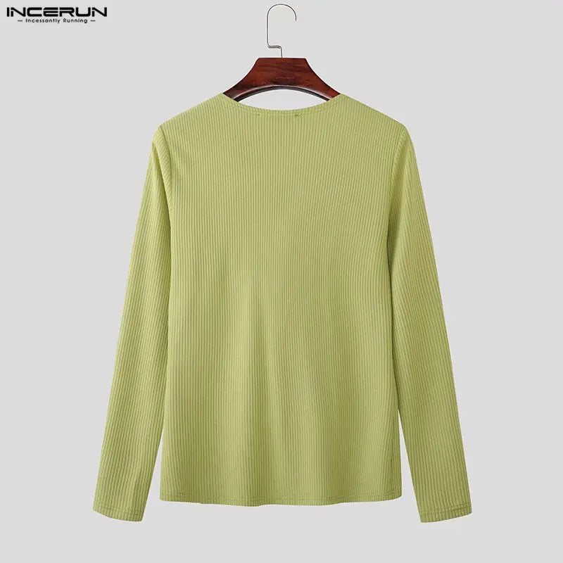 INCERUN Men's T Shirt Solid Color Knitted Long Sleeve Male Tee Tops 2026 Casual Streetwear Stylish Menswear Clothing Camisetas