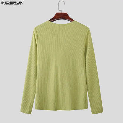 INCERUN Men's T Shirt Solid Color Knitted Long Sleeve Male Tee Tops 2026 Casual Streetwear Stylish Menswear Clothing Camisetas