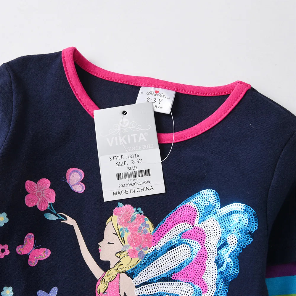 VIKITA, camiseta de manga larga para niñas, camisetas informales de algodón con apliques de lentejuelas y elfo de hadas para niñas, camisetas a rayas con cuello redondo, ropa para niños