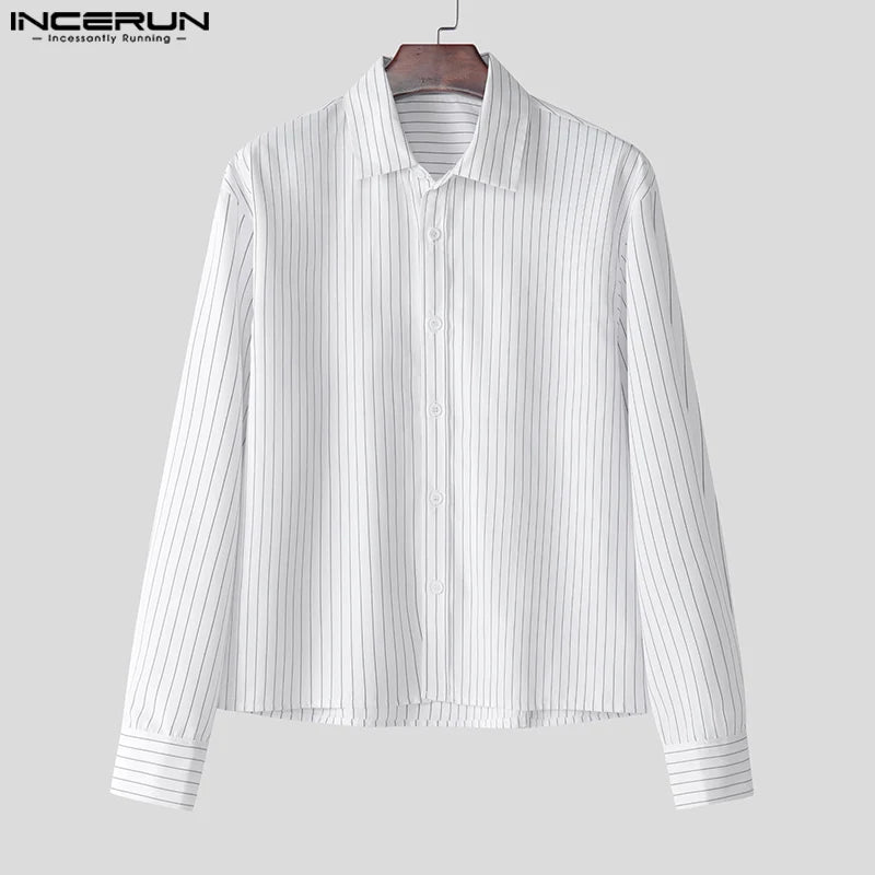 Casual Simple Style Tops INCERUN New Men's Striped Cropped Shirt Fashion Well Fitting Male Hot Selling Long Sleeved Blouse S-5XL
