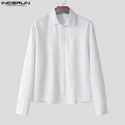 Casual Simple Style Tops INCERUN New Men's Striped Cropped Shirt Fashion Well Fitting Male Hot Selling Long Sleeved Blouse S-5XL
