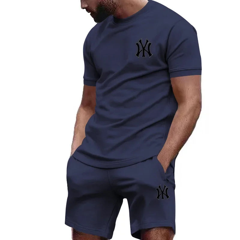 Nueva ropa deportiva de dos piezas para hombre, conjunto de camiseta y pantalones de manga corta, ropa deportiva para correr y fitness, superventas, 2025, verano