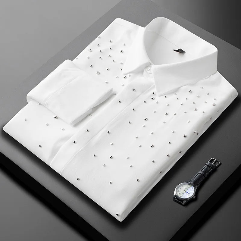 Camisa de Manga Larga Decorada con Pedrería para Hombre, Camisa de Vestir para Banquetes y Fiestas, Camisa Casual de Negocios, Camisa Masculina