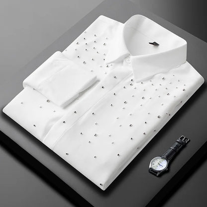Camisa de Manga Larga Decorada con Pedrería para Hombre, Camisa de Vestir para Banquetes y Fiestas, Camisa Casual de Negocios, Camisa Masculina