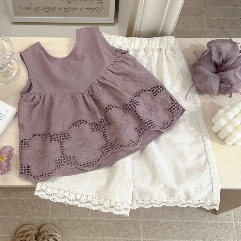 Conjuntos de ropa de verano para niñas, camiseta interior sin mangas para niños, camisa de muñeca + pantalones de pierna ancha antimosquitos con borde de encaje para bebé, conjuntos de 2 uds.