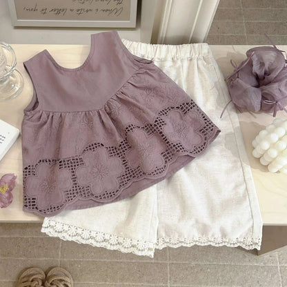 Conjuntos de ropa de verano para niñas, camiseta interior sin mangas para niños, camisa de muñeca + pantalones de pierna ancha antimosquitos con borde de encaje para bebé, conjuntos de 2 uds.