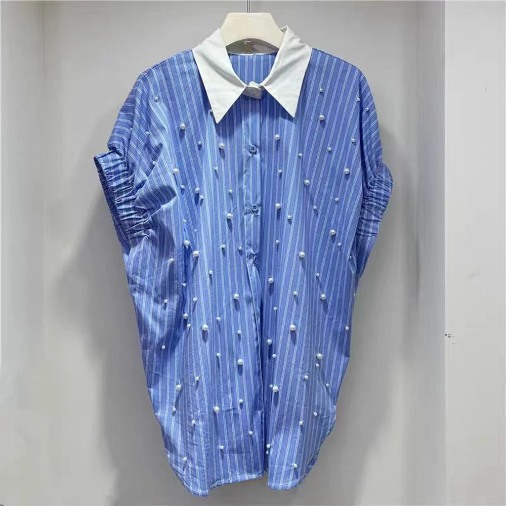 Nuevas Blusas de algodón con cuentas de peras, camisas informales holgadas a rayas para mujer, Blusas de manga corta de gran tamaño con tendencia de verano 2025