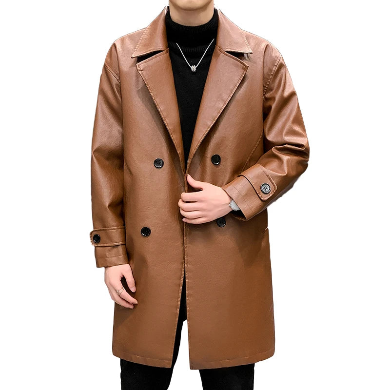Chaquetas de cuero largas y gruesas para hombre, gabardinas de PU con cuello vuelto sólido, chaqueta de cuero informal de negocios cálida, cortavientos para hombre