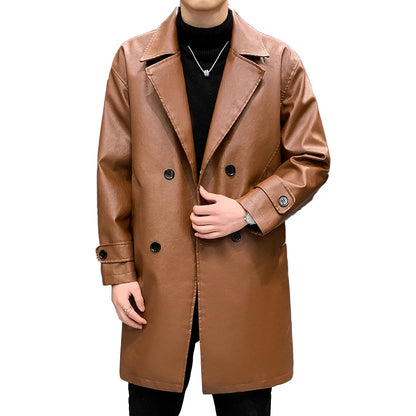 Chaquetas de cuero largas y gruesas para hombre, gabardinas de PU con cuello vuelto sólido, chaqueta de cuero informal de negocios cálida, cortavientos para hombre