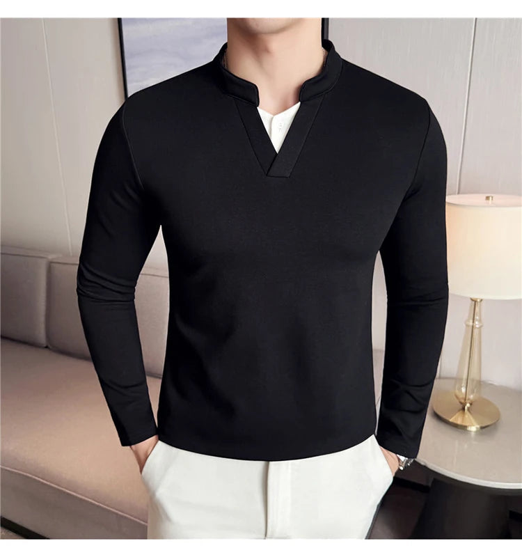 Camiseta elástica falsa de 2 piezas con empalme a la moda coreana, camiseta básica de manga larga con cuello en V ajustada para hombre, camisetas versátiles de Color sólido