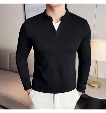 Camiseta elástica falsa de 2 piezas con empalme a la moda coreana, camiseta básica de manga larga con cuello en V ajustada para hombre, camisetas versátiles de Color sólido