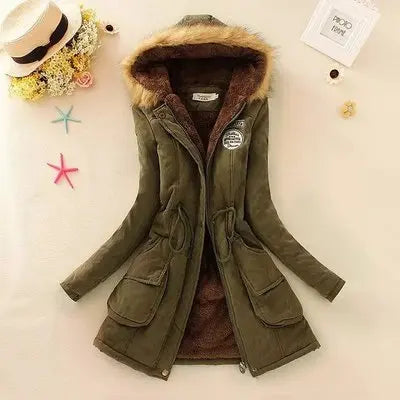 Women's Winter Long Jacket Hooded Overcoat Warm Fluffy Coats Zipper Closure Cotton Thickened Regular Length Coat