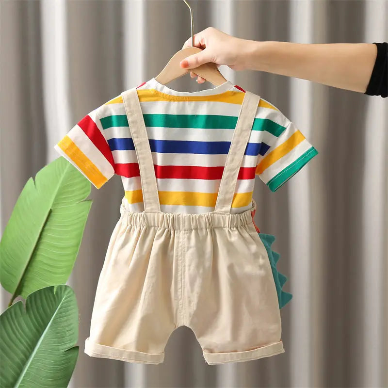 Ropa de verano para niños, ropa de moda para niños pequeños, ropa de arcoíris, camiseta, pantalones con pechera de dinosaurio de dibujos animados, 2 unids/set, traje para niños
