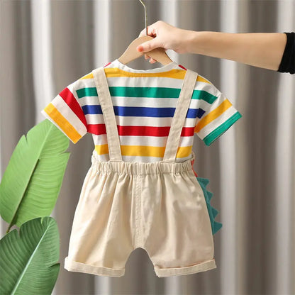 Ropa de verano para niños, ropa de moda para niños pequeños, ropa de arcoíris, camiseta, pantalones con pechera de dinosaurio de dibujos animados, 2 unids/set, traje para niños