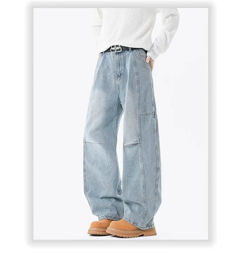 Otoño de los hombres de moda Hip Hop empalmado pantalones vaqueros holgados diseño plisado Casual pantalones vaqueros de pierna recta Y2K Vintage Streetwear jean