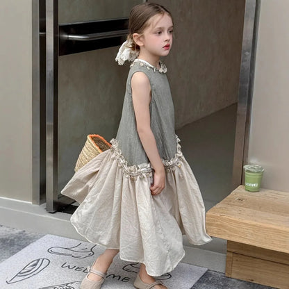 Dulce vestido para niñas verano 2025 nueva moda para niños temperamento Color contrastante vestido bohemio tendencia