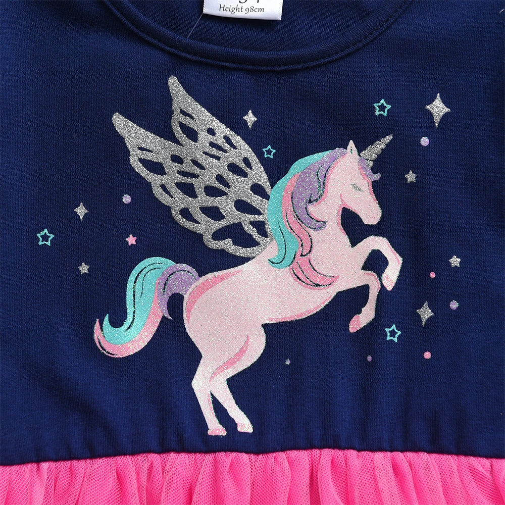 VIKITA-vestido de manga larga para niñas, azul marino, rosa, estampado de unicornio brillante, malla de tul, fiesta de fantasía, vestido elegante informal de princesa