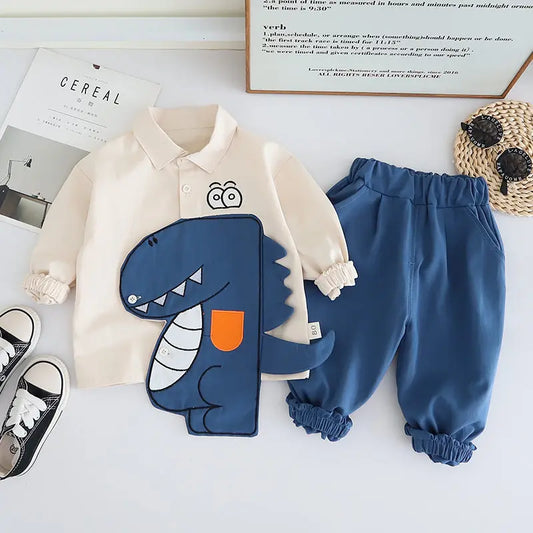 Nueva ropa de primavera para niños, pantalones vaqueros deportivos de algodón con retales de dinosaurio para bebés, 2 unidades/juego, traje informal para niños de 1, 2, 3, 4 y 5 años