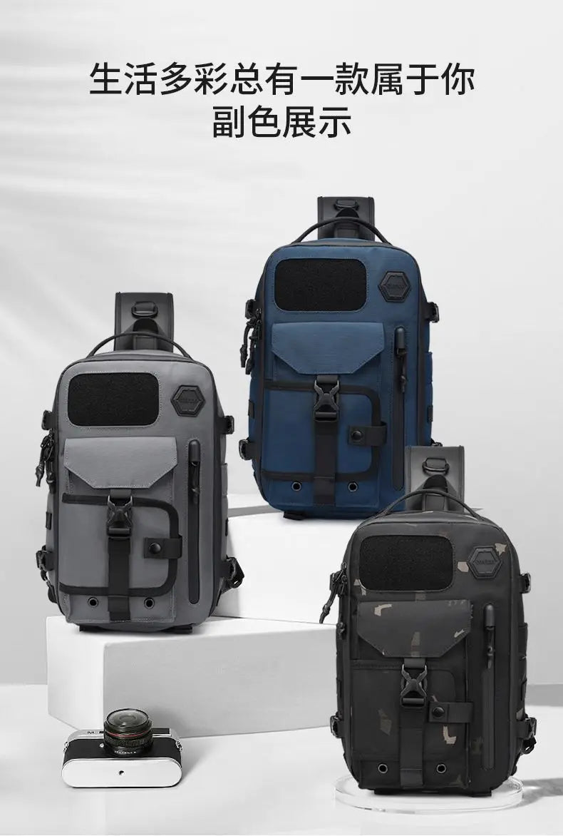 OZUKO-Bolso cruzado de hombro para hombre, bolsa de pecho, impermeable, táctico, cintura, bandolera, cremallera, moda, deportes al aire libre, negro