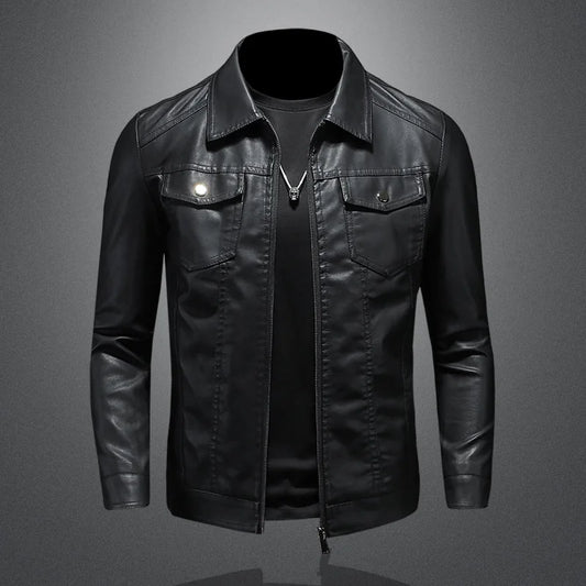 Chaqueta de cuero de motocicleta para hombre, talla grande, bolsillo, solapa con cremallera negra, abrigo de cuero PU de alta calidad ajustadas coreanas para hombre