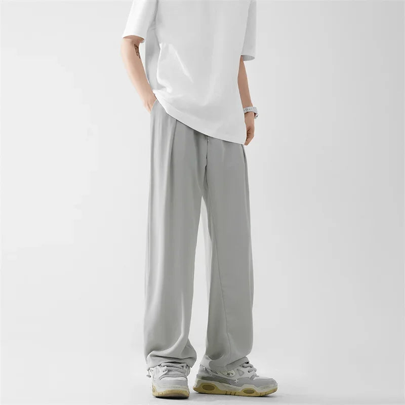 Pantalones bombachos holgados rectos lisos de verano para hombre, pantalones de chándal drapeados deportivos informales, pantalones de pierna ancha con cordón, novedad de 2025