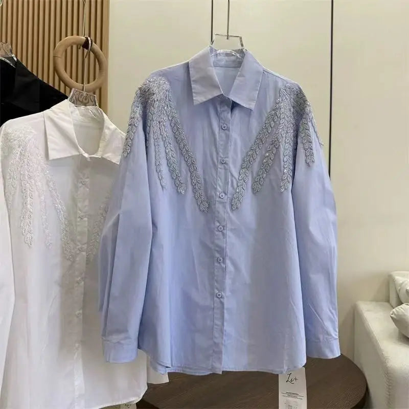 Blusas de algodón con bordado de lentejuelas de lujo, camisas para mujer, tendencia, nueva moda, Tops informales sueltos, Blusas, camisa de oficina para mujer, Tops