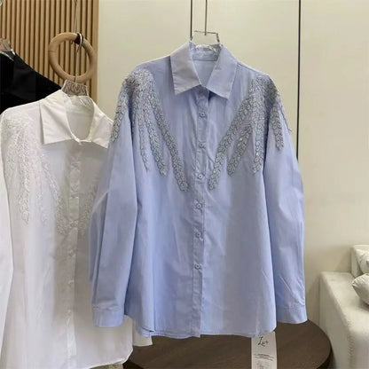 Blusas de algodón con bordado de lentejuelas de lujo, camisas para mujer, tendencia, nueva moda, Tops informales sueltos, Blusas, camisa de oficina para mujer, Tops