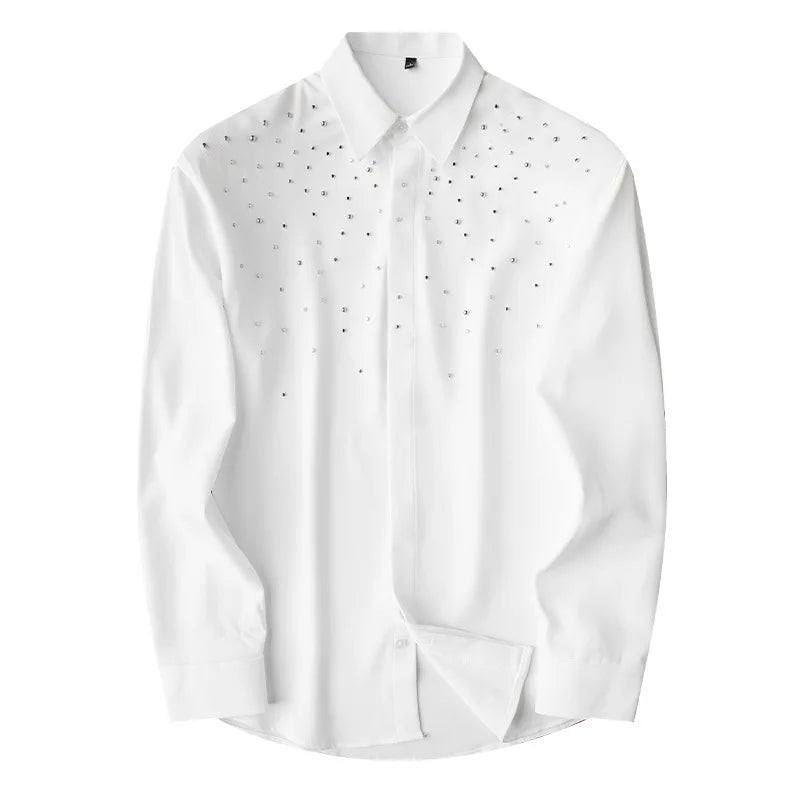 Camisa de Manga Larga Decorada con Pedrería para Hombre, Camisa de Vestir para Banquetes y Fiestas, Camisa Casual de Negocios, Camisa Masculina