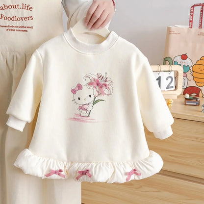 Sanrio Hello Kitty 2025 Otoño Invierno nuevas niñas estampado de gato polar cálido Top con lazo decoración 3D vestido con capucha para niños lindo