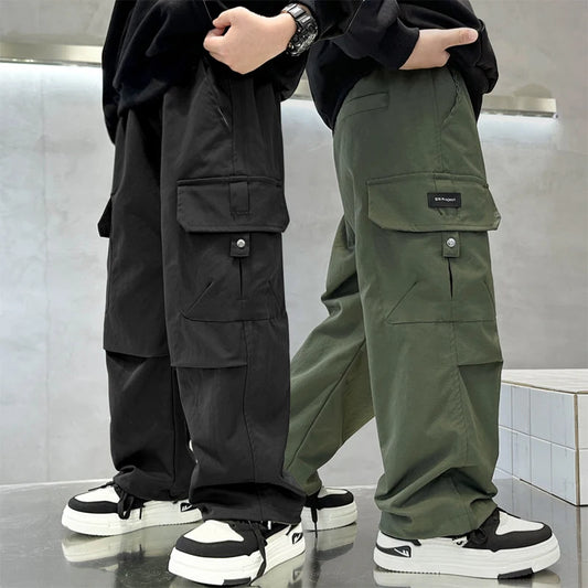 Gran oferta, pantalones Cargo de corte recto para niños con bolsillo lateral, pantalones de chándal informales para adolescentes y niños, pantalones Cargo de Color verde militar negro