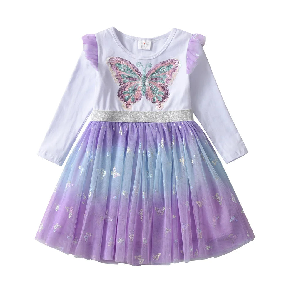 VIKITA niñas mariposa vestido elegante con lentejuelas niños otoño primavera púrpura gradiente malla tul princesa fiesta actuación vestido de graduación