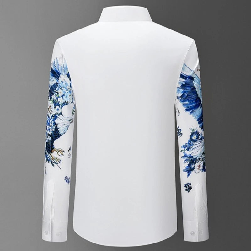 Camisa de lujo con estampado 3D de diamantes de imitación para hombre, camisas informales de manga larga para otoño e invierno, trajes de espectáculo escénico para fiesta de banquete Social
