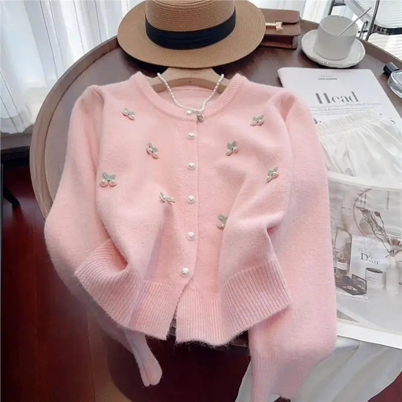 Cárdigan de punto suave y dulce para mujer, cuello redondo, versátil, estilo coreano, suéter de manga larga, abrigo, moda de ...