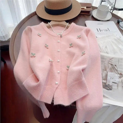 Cárdigan de punto suave y dulce para mujer, cuello redondo, versátil, estilo coreano, suéter de manga larga, abrigo, moda de ...