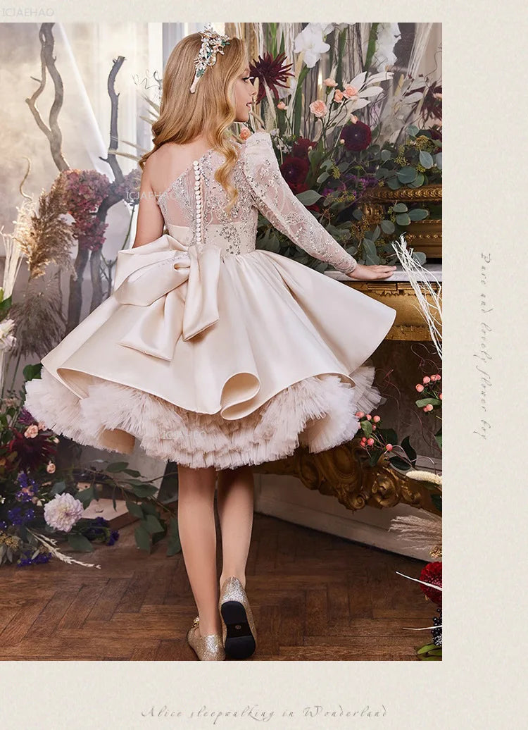 2026 nuevo vestido para niños vestido de princesa con lentejuelas un hombro falda acampanada con lazo Patchwork niños niñas traje Formal de celebración de fiesta