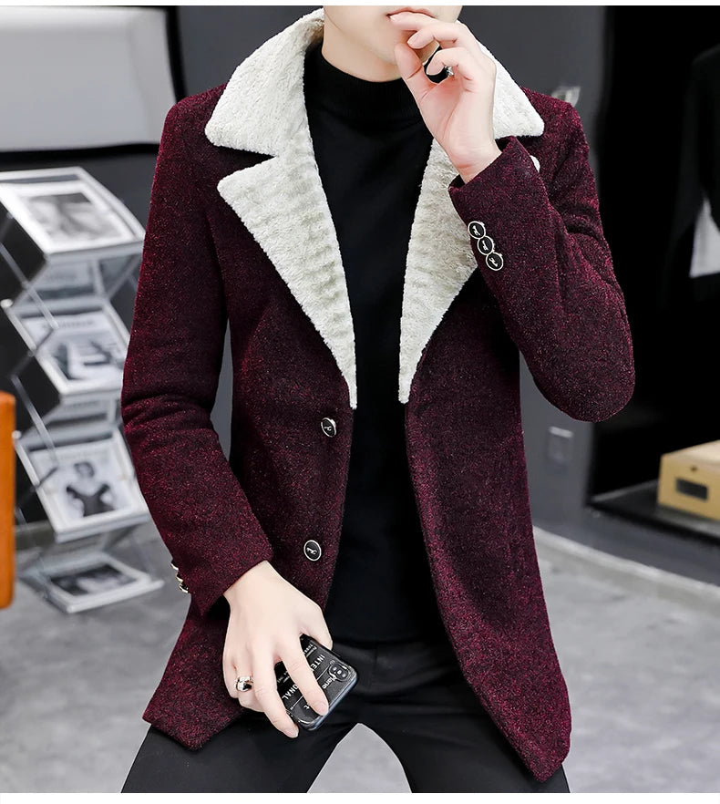 Chaquetas de lana de invierno coreanas para hombres, chaqueta de mezcla de lana gruesa de felpa con solapa, gabardina larga informal de negocios, abrigo de calle