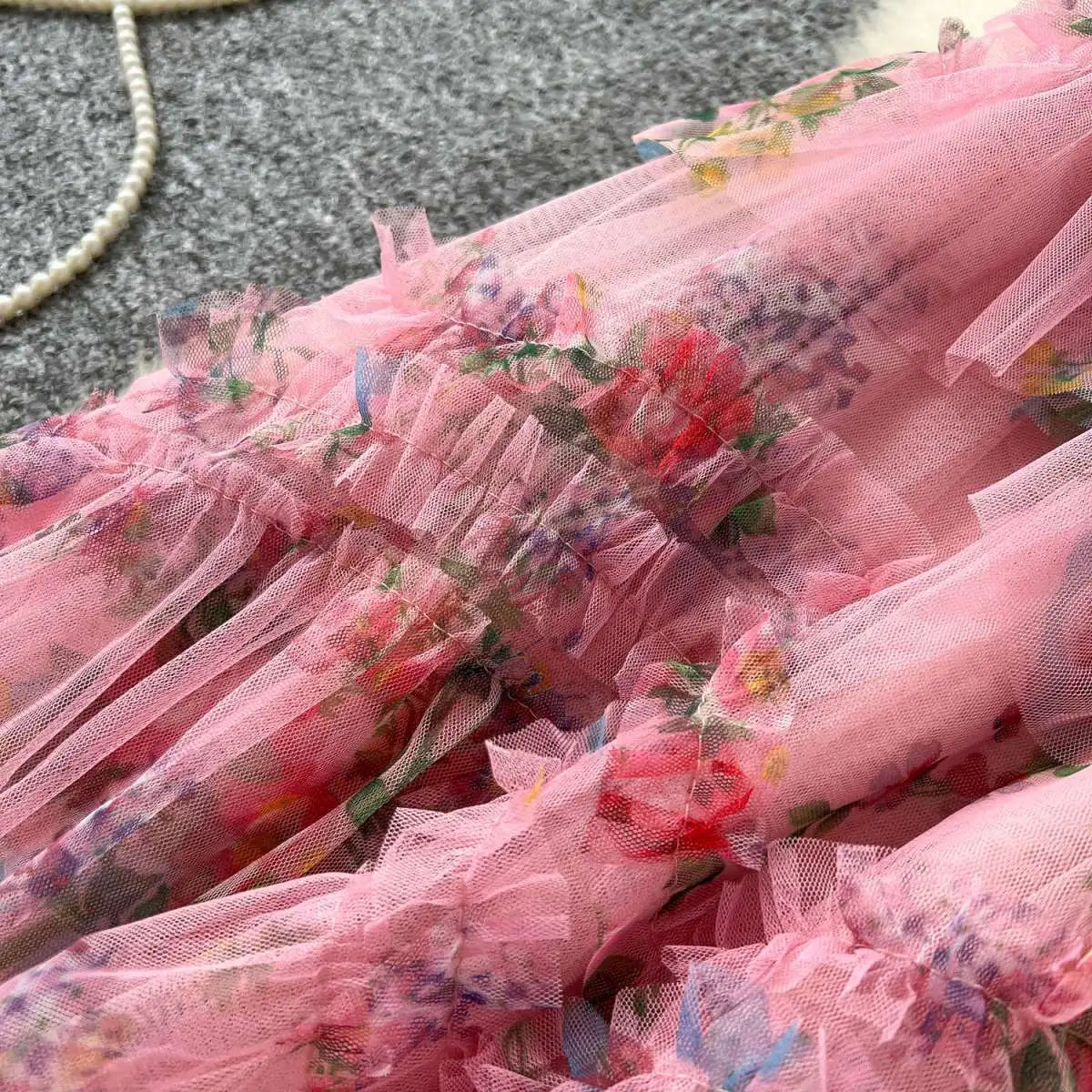 Falda Midi de Malla con Estampado Floral de Cintura Alta Estilo Coreano para Mujer, Falda Hada Abullonada de Fibra de Poliést...