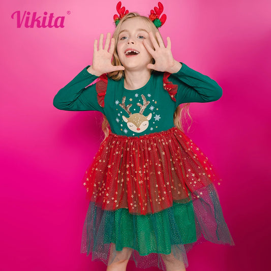 VIKITA-vestidos de Navidad y Año Nuevo para niñas, ropa de manga larga con estampado de copos de nieve y alce, moda de princesa, 3-12 años, Otoño e Invierno
