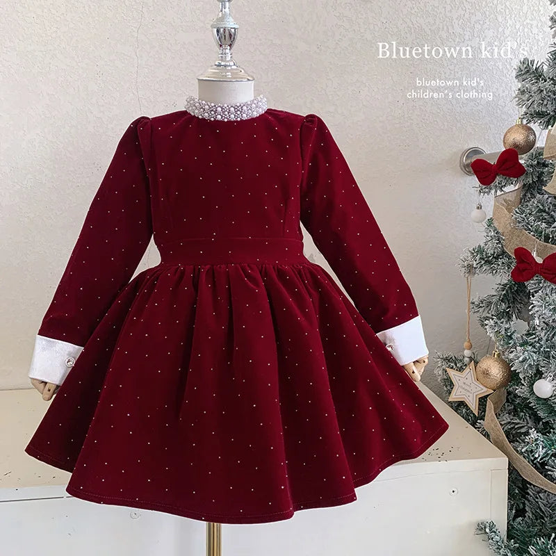 Vestido de Terciopelo Brillante para Niñas, Edición Primavera Otoño Invierno 2026, Vestido de Princesa con Cuello de Perlas